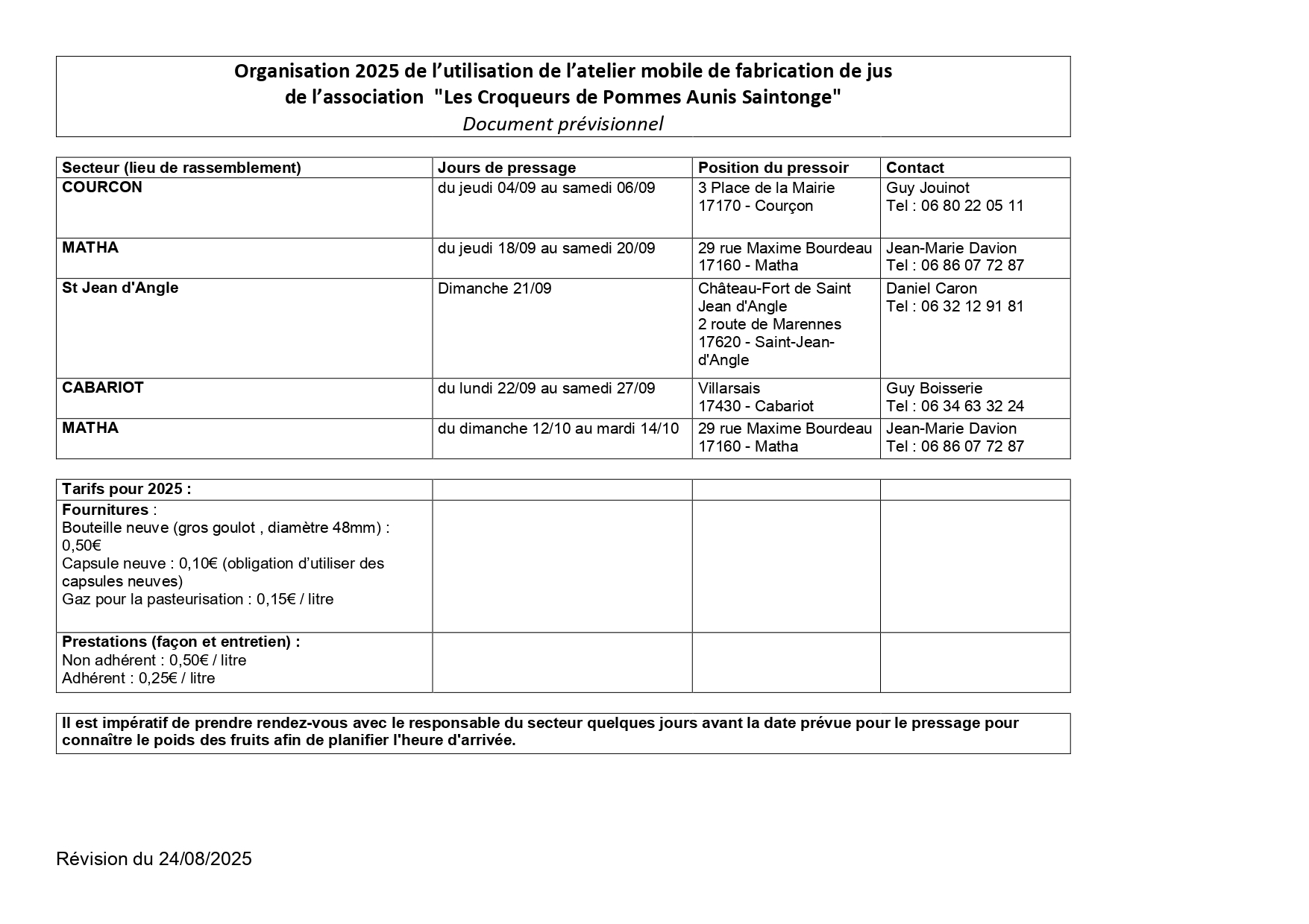 Jus de pommes 2025 organisation prévisionnel 1 page 0001